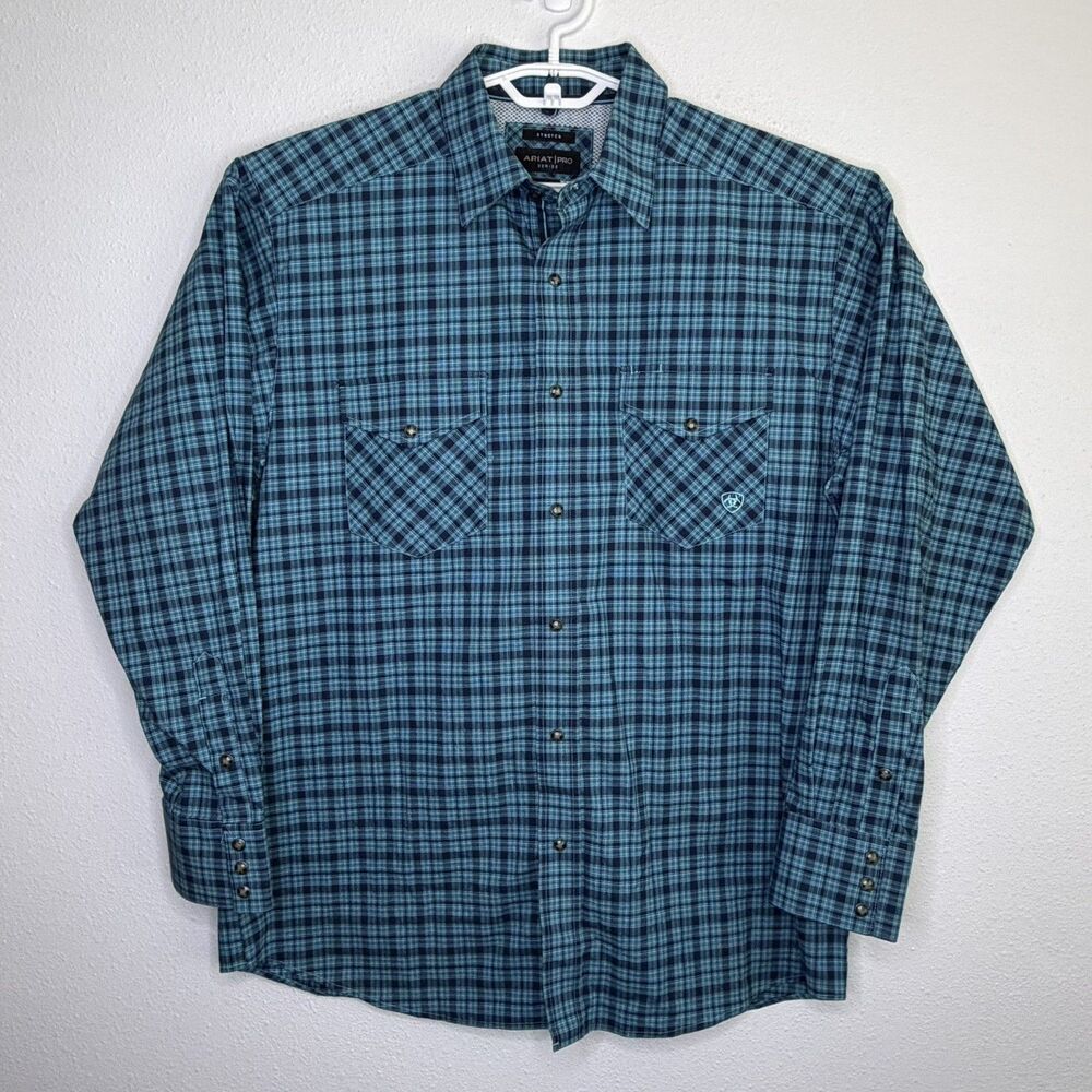 Ariat Pro Series Shirt Men’s Large Blue Plaid Stretch Long Sleeve Workwear
